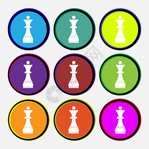 国际象棋皇后图标标志 九个多色圆形按钮 韦克托图片