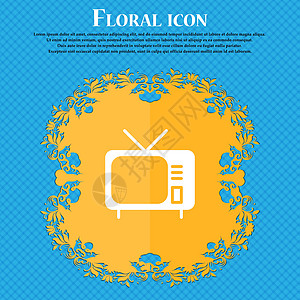 tv 图标符号 Floral 平面设计在蓝色抽象背景上 有文本的位置 矢量图片