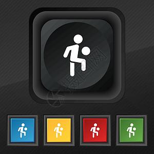 足球玩家图标符号 在用于设计设计的黑色纹理上设置5个彩色 时髦的按钮 矢量图片