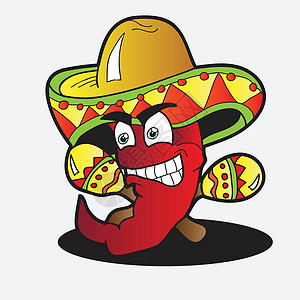 辣椒字符与一对 Maraca剪贴乐器餐厅吉祥物微笑唱歌香料卡通片音乐快乐图片