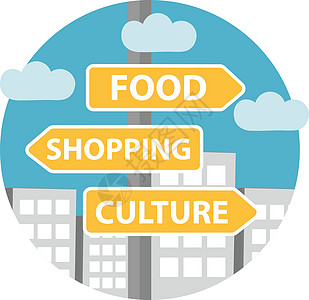指针图标平板风格 城市的路标 背景箭头 包括书写购物 文化 食物等 矢量插图;以及图片
