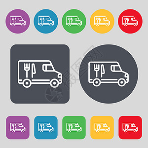 食品卡车图标符号 一组12色按钮 平面设计 矢量图片