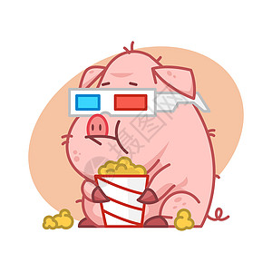 3d 眼镜中的猪角色吃爆米花图片