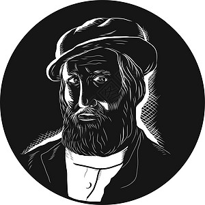 埃尔南科尔特斯征服者伍德库油毡块胡须男性插图雕刻男人木块艺术品油毡木刻图片