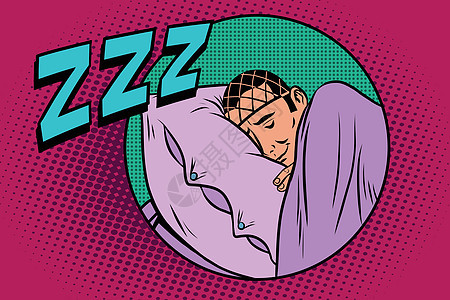 睡在床上的回心男人情绪插图打鼾人士艺术流行音乐眼睛微笑漫画卡通片图片