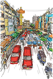 素描泰国当地市场在手绘 vec绘画市中心明信片旅行店铺文化建筑学旅游景观地标图片