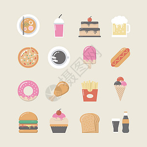 快速食品图标集潮人美食蛋糕饮料插图鸡翅可乐拉面面包商业图片