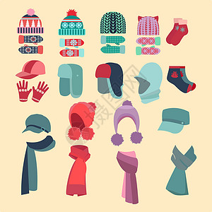 在寒冷的气候下 为男孩和女孩提供一套帽子和各种帽子图片