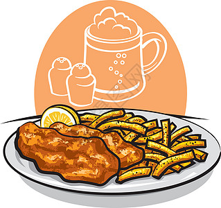 鱼和薯条土豆油炸面糊食物白色啤酒盘子午餐插图英语图片