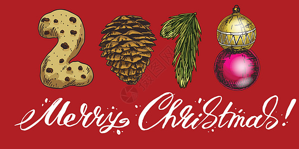 2018年新年 冬卡 配有甜筒 饼干 树枝和圣诞树玩具 矢量图像 圣诞快乐图片