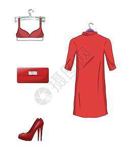一套优雅的红色女装和配饰 孤立在白色背景上 矢量图物品裙子脚跟销售收藏离合器女士衣服胸罩手提包图片