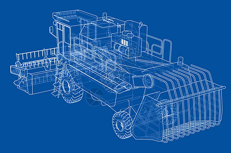 概念联合收割机  3 的矢量渲染运输拖拉机车轮力量蓝图收割机粮食割草机加工机械图片