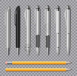 在透明背景上隔离的一套现实办公笔和铅笔 办公室文具白纸黑纸笔 矢量插图 Name图片
