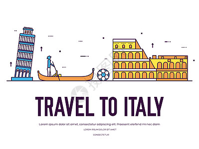 意大利国家旅行地点和地貌的假期 一套建筑 项目 自然背景概念 人口图上的传统种族平板 轮廓 细线图标 包括图片