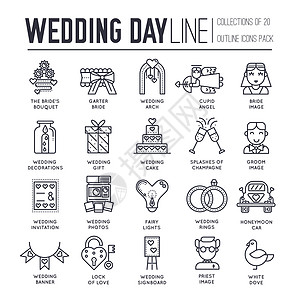 婚礼展示相册平面婚礼图细线图标集 矢量幸福婚姻大纲概念背景设计图片