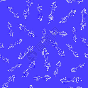 蓝色背景上的欧洲鱿鱼剪影无缝图案 可爱的海鲜 动物在水下 海怪图片