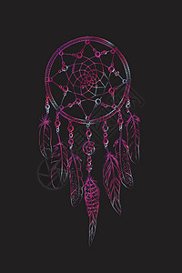 用手画的紫色梯度梦想捕捉者绘制矢量图 分离在黑色背景上 Ornate 民族物品 羽毛 珠子图片