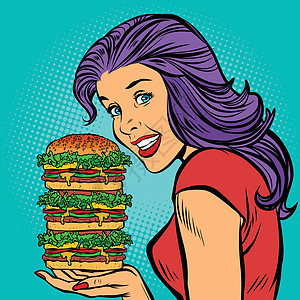 巨大的汉堡 饥饿女人吃快餐图片