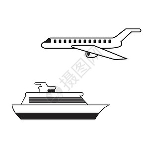 旅行图标 移动应用程序打印网站图标 简单的元素 单色飞机和船舶矢量图图片