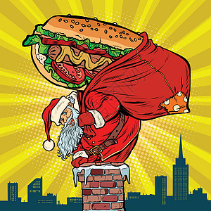 餐厅圣诞节圣诞老人带着热狗爬上烟囱 送食物设计图片