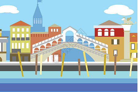 威尼斯市多彩的平板向量插图 城市景色带有堤岸和建筑物 构成设计全景蓝色建筑天空卡片旅行商业横幅运河明信片图片