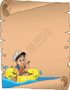 船上男孩在水上划船的羊皮纸图片