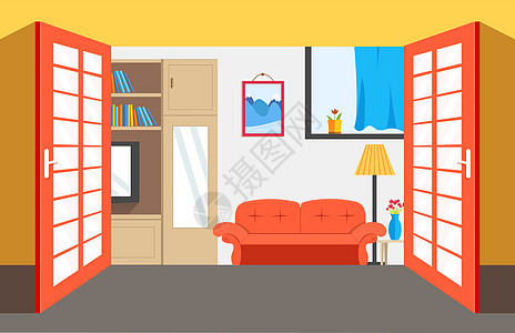 房子里平坦舒适的房间 开着门背景矢量插图概念图片