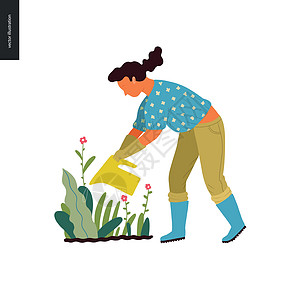 人们夏天园丁地面蔬菜手绘农民手套靴子菜地工作涂鸦叶子图片