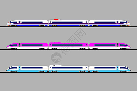一组灰色背景上不同颜色的高速列车 矢量平板设计图片