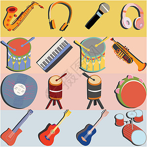 耳机麦克风手绘音乐乐器彩色背景设计图片