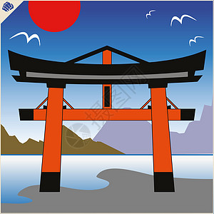 日本传统的forrii门 天空和山峰木头历史橙子旅游建筑学寺庙神社文化建筑神道图片