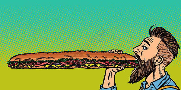 男人吃了一个长三明治面包漫画沙拉包子卡通片流行音乐营养野餐洋葱艺术图片
