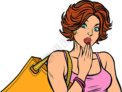 惊讶的购物者红发 woma消费者礼物裙子头发女士折扣中心展示顾客女孩图片