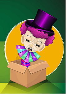 紫色帽子插头插在盒子中 插图戏服想像力魔术师娱乐头发惊喜时间魔法橙子游戏设计图片