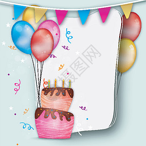 生日快乐背景与蛋糕甜点气球涂鸦蜡烛横幅狂欢甜食派对面包庆典图片