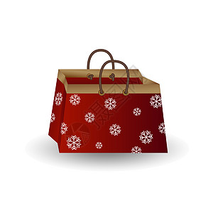 派对节日礼品袋 红纸 金丝带 装饰着白色背景上孤立的冬季雪花图案卡通片包装狂欢纪念品展示工艺娱乐丝带礼物淋浴图片