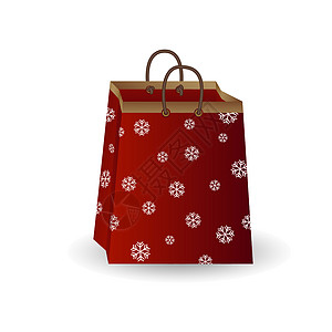 派对节日礼品袋 红纸 金丝带 装饰着白色背景上孤立的冬季雪花图案卡通片淋浴盒子狂欢包装新年金子客人购物娱乐图片