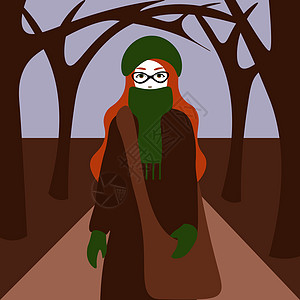 戴着眼镜和斜挎包的姜女郎穿着暖和的衣服穿过光秃秃的公园图片