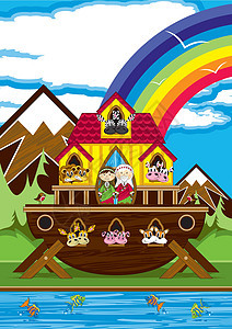 卡通诺亚方舟与动物奶牛河马圣经卡通片宗教斑马历史彩虹狮子背景图片