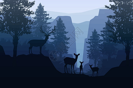 天然森林山脉地平线树木景观壁纸日出和日落鹿群插图矢量风格多彩视图背景图片