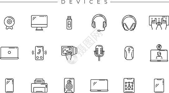 设备概念线样式矢量图标 se摄像头手机笔记本职业麦克风打印机监视器服务老鼠闪光图片