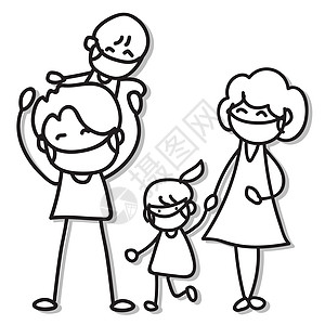手绘卡通人物幸福一家人戴口罩防护图片