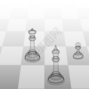 3d 框架插图棋子 kingqueen 和 pawn 在棋盘上的透视图图片
