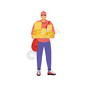 比萨送货员男性快递员与包裹平面颜色矢量不露面的字符 用于网页图形设计和动画的外卖餐厅送餐服务独立卡通插图图片