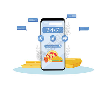 24 小时食品快递平面概念矢量图 在线订单跟踪移动应用程序 互联网餐厅即食订餐与快递创意ide图片