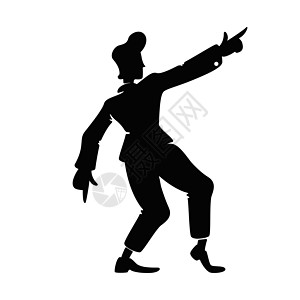 复古风格自信的家伙黑色剪影矢量图 古板的男性手举姿势 摇滚舞者 20 世纪 40 年代男人 2d 卡通人物形状商业动画打印图片