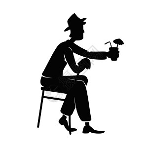 男子饮酒黑色剪影矢量图 坐在椅子上的人姿势 戴着帽子的老式绅士 带有鸡尾酒二维卡通人物形状 用于商业动画打印图片