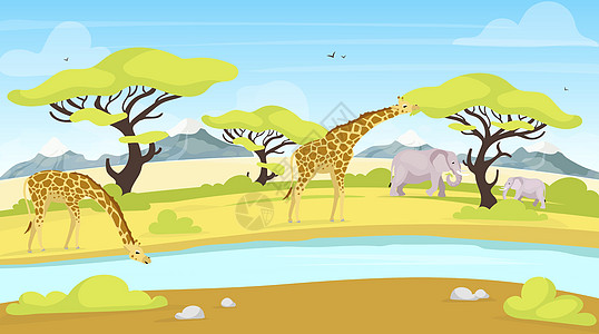 非洲保护平面矢量图 长颈鹿和大象在饮水处附近 流经大草原的河流 绿色景观 全景风景 南方动物卡通人物图片