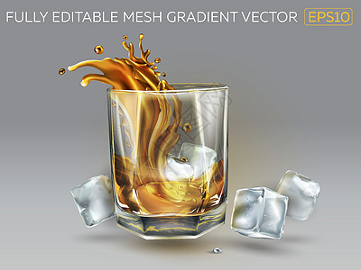 杯子冒烟威士忌在玻璃和冰块里喷洒味道厨房精英立方体派对咖啡店酒精插图餐厅美食设计图片