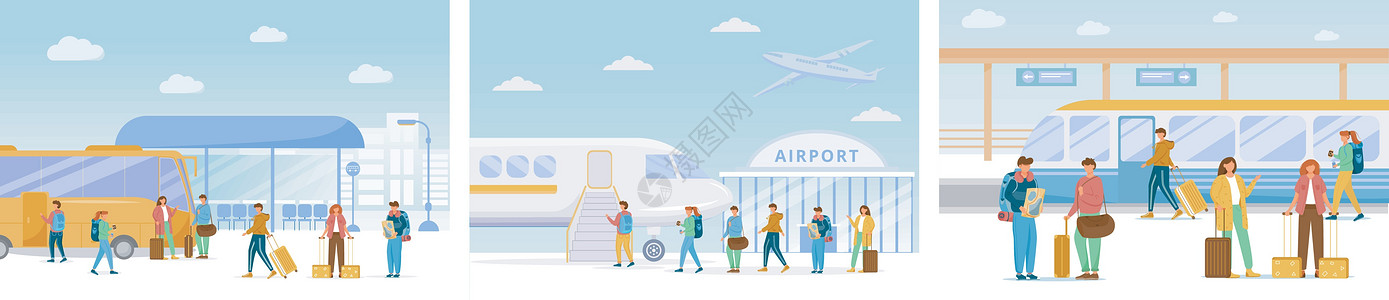 旅行平面矢量插图集 巴士站机场火车站 假期旅行 带接送的旅程 航程 人们以不同的交通方式移动卡通人物图片